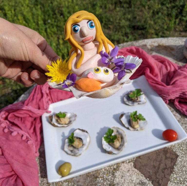 ostras a la plancha venus de arcilla polimérica caricatura